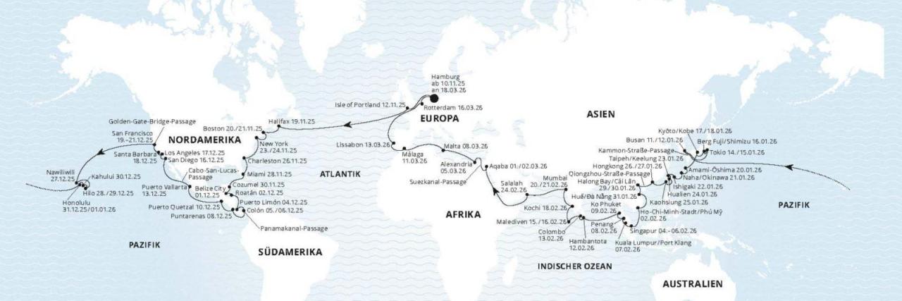 AIDAdiva Weltreise Route 2025